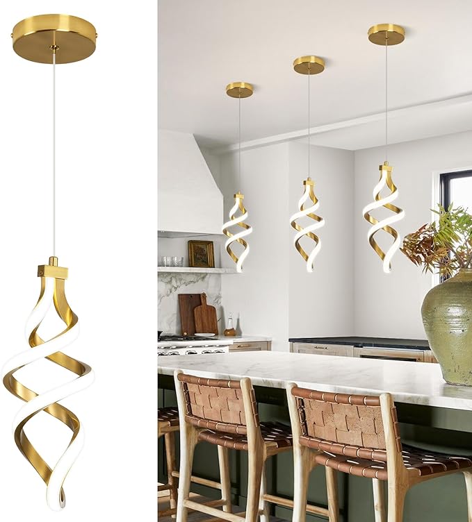 EIDISUNY Modern LED Pendant Light Fixture, 15W Spiral Led Chandelier Hanging Lamp, 4500K Pendant Lights Kitchen Island, Adjustable Height Pendant Light for Dining Room Bedroom Kitchen Island Cafe