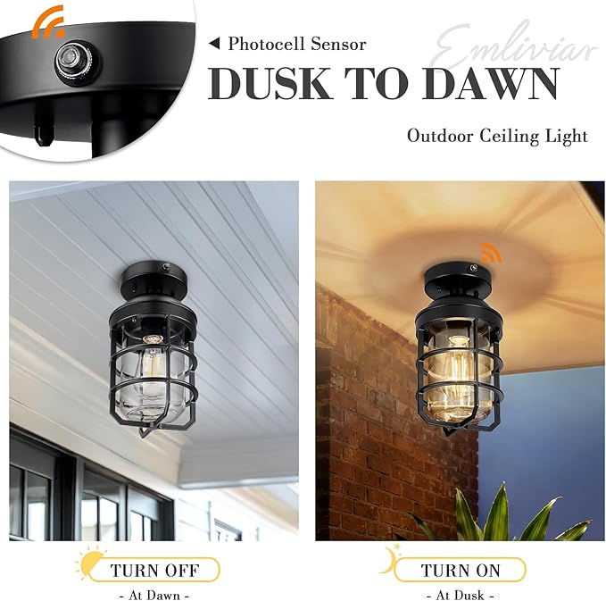 Emliviar Classic 11.1 Inch Dusk to Dawn Hallway Light Fixture in Black Finish, Semi Flush Ceiling Light Fixture with Clear Tempered Glass Shade for Hallway, GE255LF-PC BK