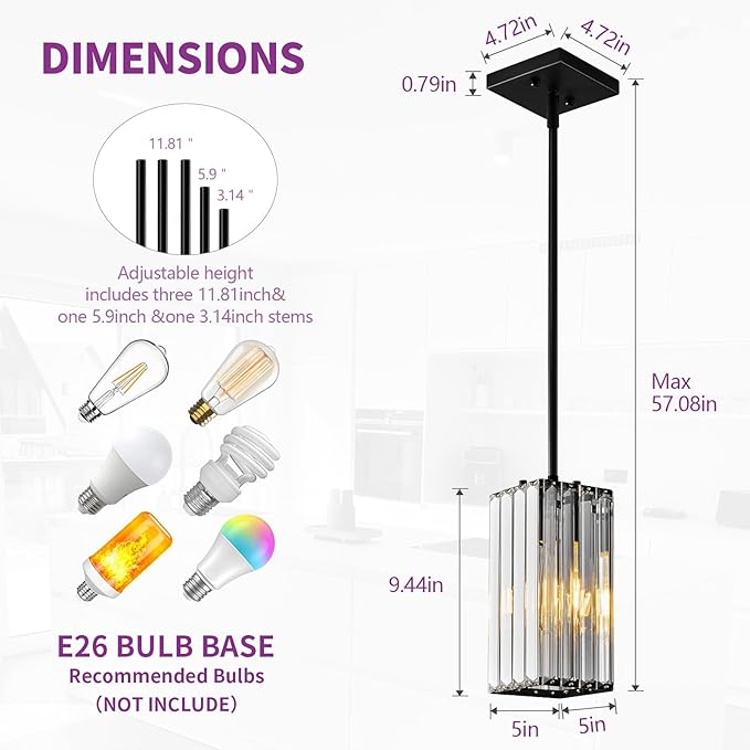 Modern Pendant Light Black Rectangle Pendant Lighting Mini Crystal Chandeliers Adjustable Pendant Light Fixture for Kitchen Island Dinning Room Living Room Corridor Bedroom(Black 2-Pack)