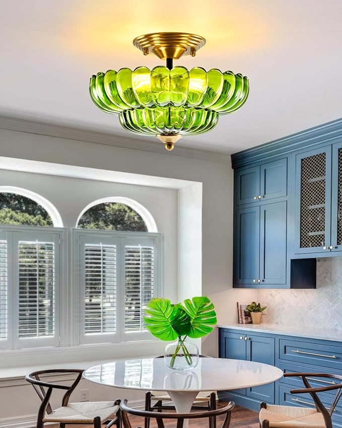 Black Semi Flush Mount Ceiling Light with Green Glass Shades, 3-Light Modern Farmhouse Lighting Fixture for Kitchen, Bathroom, Hallway, and Entryway