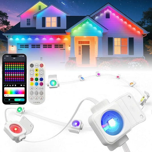 Super RGB Smart Permanent Outdoor Lights, 50FT 30LEDs Color Changing RGB IC Wall Lights, APP & Remote Control, Music Sync, Dynamic Lighting for House, Living Room, Ceiling, Eave Party Xmas Decoration