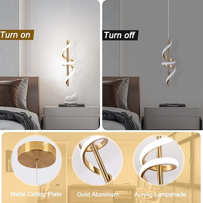 Gold Led Pendant Light Fixtures,6000K Cool White Modern Pendant Lights for Kitchen Island,Adjustable Kitchen Island Light Fixture for Dining Room Bedroom Sink, 1 Pack (Gold, 2 Packs)