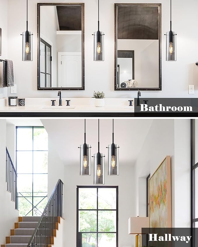 Smoke Gray Glass Pendant Light, Kitchen Pendant Lights 1 Pack, Kitchen Pendant Lighting Over Island, Modern Clear Hanging Pendant Light for Kitchen Island, Bedroom, Living Room, Bathroom