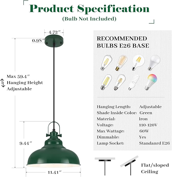 Green Dome Pendant Light, Green Pendant Light Kitchen Island 3 Pack, 11.41 Inch Farmhouse Pendant Lights, Hanging Light Fixture for Kitchen Island, Dining Room, Living Room