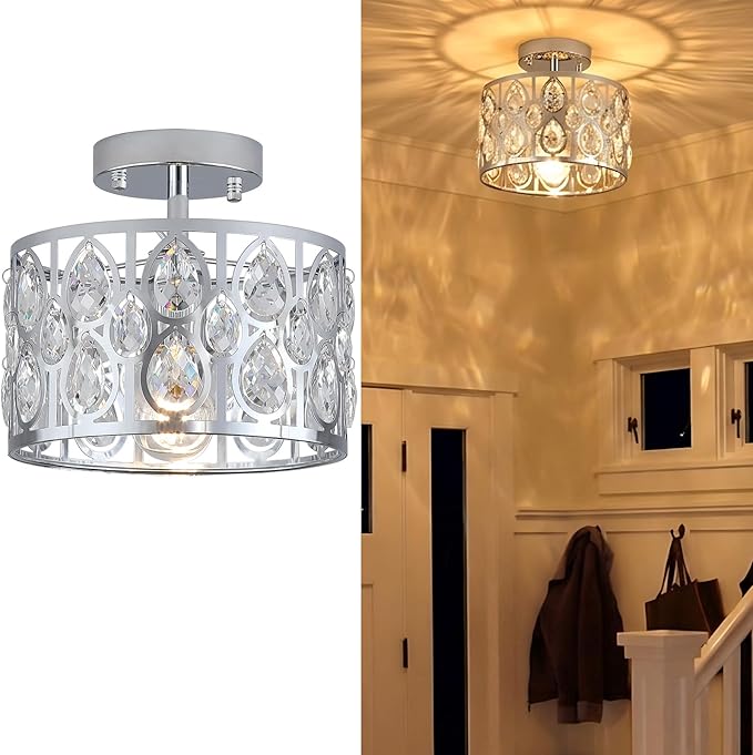 9 Inch Crystal Chrome Semi Flush Mount Ceiling Light,Modern Farmhouse Ceiling Lighting Fixture,Round Hallway Lighting Fixtures for Kitchen Entryway Bedroom Laundry,1-Light