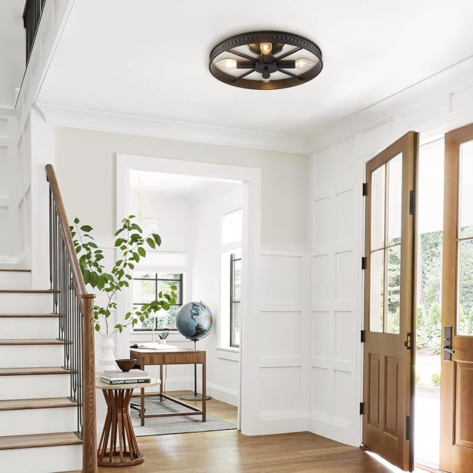 Round Ceiling Light Fixture 4-Lights Semi-Flush Mount Ceiling Light Fixture Black Rustic Metal Farmhouse Chandelier for Kitchen Island Dining Room Hallway Entryway Bedroom Living Room