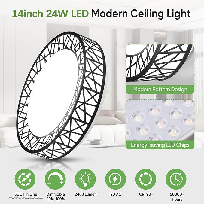 Lightania 14 Inch Flush Mount Ceiling Light, Modern Black LED Ceiling Light Fixture, 24W 2400LM 2700-6500K Adjustable, Dimmable Ceiling Lights for Bedroom, Kitchen, Hallway, Bathroom, ETL Listed