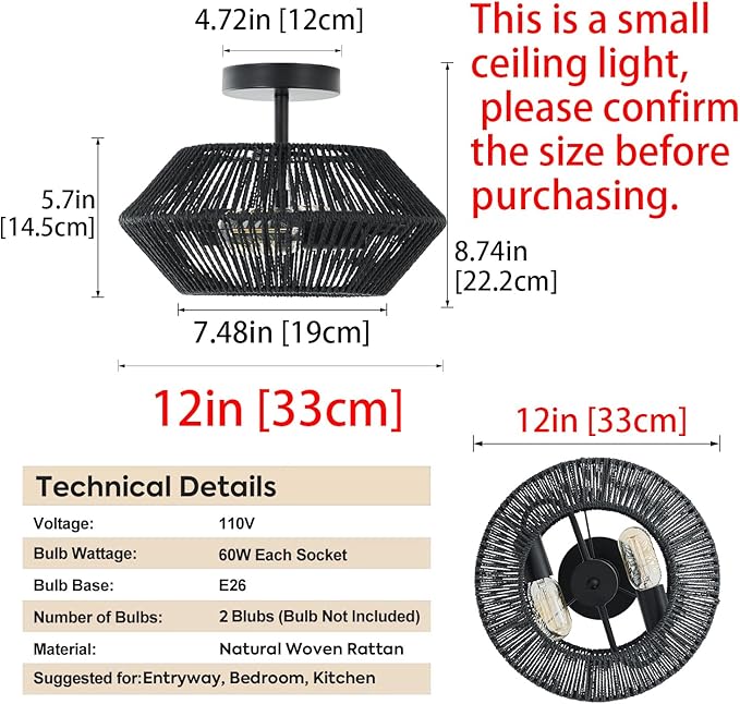 2-Lights Woven Rattan Ceiling Light Fixture, Black Farmhouse Hand-Woven Cage Semi Flush Mount Ceiling Light, Small Boho Coastal Basket Close to Ceiling Light for Bedroom Hallway Nursery Entryway