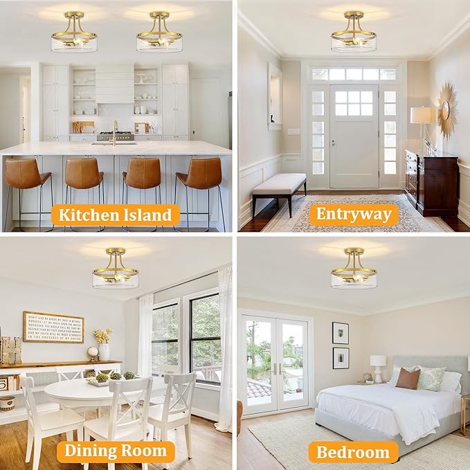 Brushed Gold Semi Flush Mount Ceiling Light, 11.81" Kitchen Lighting Fixtures Ceiling with Glass Shade, 3-Light Modern Hallway Light Fixtures for Entryway Bedroom Bathroom Foyer Laundry Dining Room