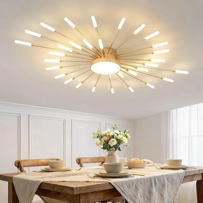 Modern Ceiling Light LED Flush Mount Ceiling Light for Living Room,Kitchen,Dining Room,Bedroom Fireworks Design Dimmable with Remote Control & Memory Function Lighting Fixture (Gold,28 Light)