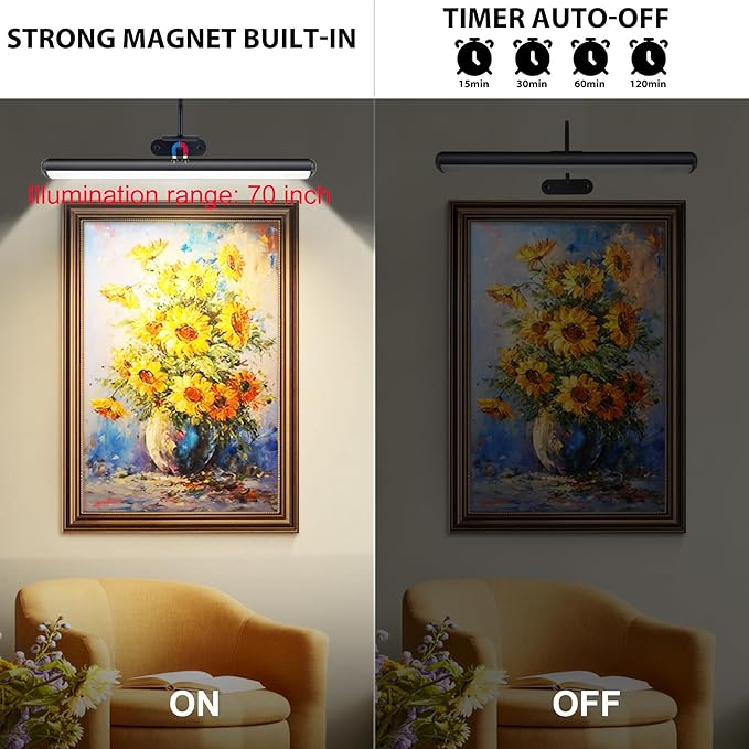 Set of 2 Picture Lights with Timer Dimmer, Painting Light with Remote Rechargeable Battery ,Wall Art 3 Lighting Colors Temps,16inch Full Metal Over Picture Painting Frame Dartboard Gallery Hallway