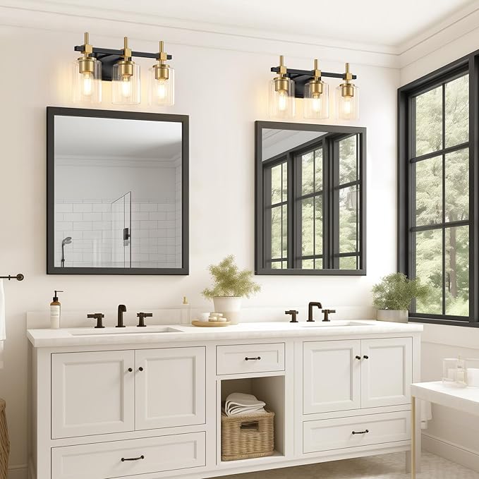 Asnxcju 3-Light Black and Gold Bathroom Light Fixtures, Vanity Lights for Bathroom with Textured Glass Shade, Modern Vanity Wall Lighting Over Mirror, Vintage Wall Lamp for Living Room Cabinet Hallway