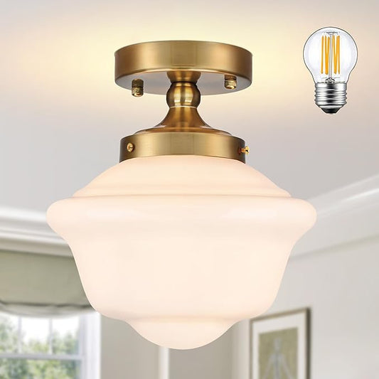 Bagood 8" Gold Schoolhouse Lights Fixture Schoolhouse Light Fixtures Ceiling Mid Century Lights Fixture Milk Glass Fixtures Semi Flush Mount Ceiling Light for Bathroom Kitchen (Bulb Incl.)