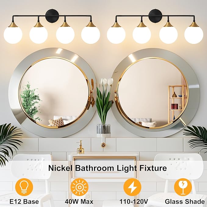 Bathroom Light Fixtures, 4-Light Black Gold Bathroom Vanity Lights Over Mirror, Modern Farmhouse Wall Sconce Lighting with Milk White Glass Ball Shades