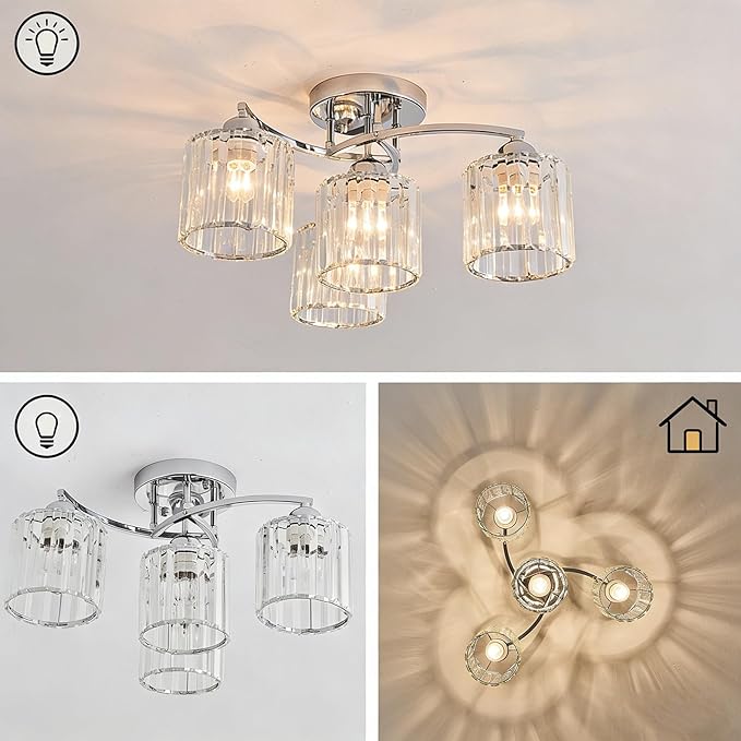 Crystal Chandelier, Modern Elegant Ceiling Light E26 Base Easy Installation Durable Metal Frame for Living Room Bedroom Dining Room, Silver