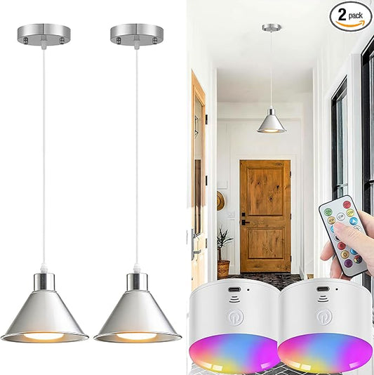 Battery Operated Pendant Light Set of 2, RGB Color Changing Rechargeable Hanging Light with Remote Up to 50 Hours Use, Vintage Pendant Light No Wiring for Bedroom Living Room(Nickel)