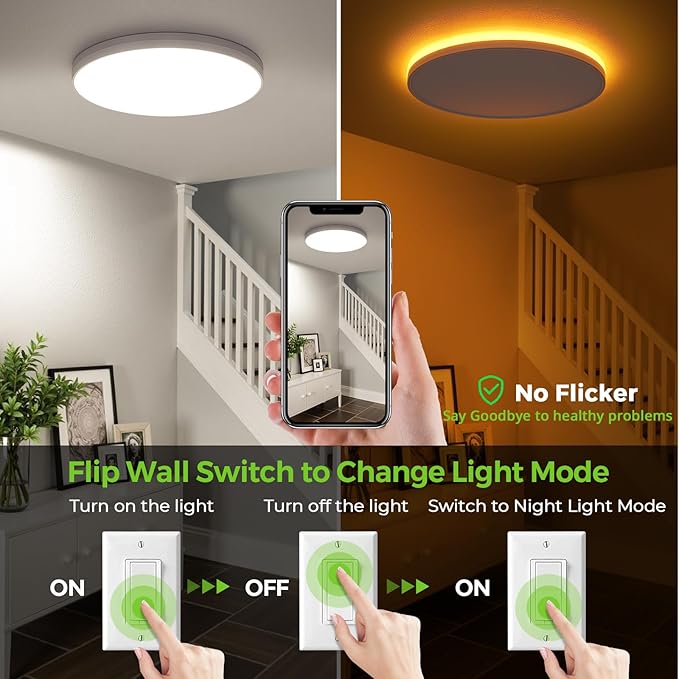 SunRider LED Flush Mount Ceiling Light Fixture with Night Light, 4000K Neutral White, 12 Inch 24W 2400LM Round Dimmable Flat Ceiling Lamp for Bathroom