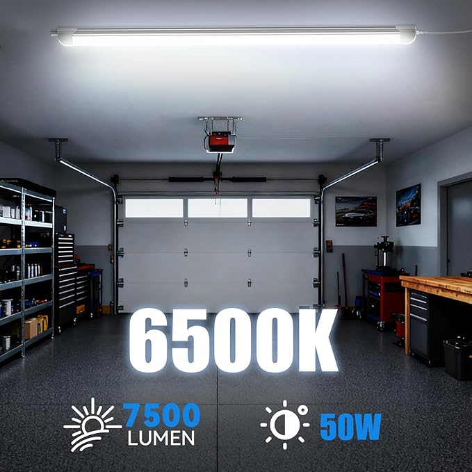 CNSUNWAY Led Shop Lights, 4FT LED Light 50W 7500LM 6500K Daylight White, D Shape Garage Light, Linkable Clear Cover T8 Integrated for Garage Workshop Workbench, ETL Listed(4-Pack)