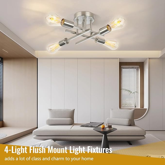 Ceiling Light, Dining Room Light Fixture with E26 Base, Semi Flush Mount Ceiling Light Fixture, Kitchen Lighting Fixtures Ceiling, 4-Light Matte Nickle Chandelier for Bedroom