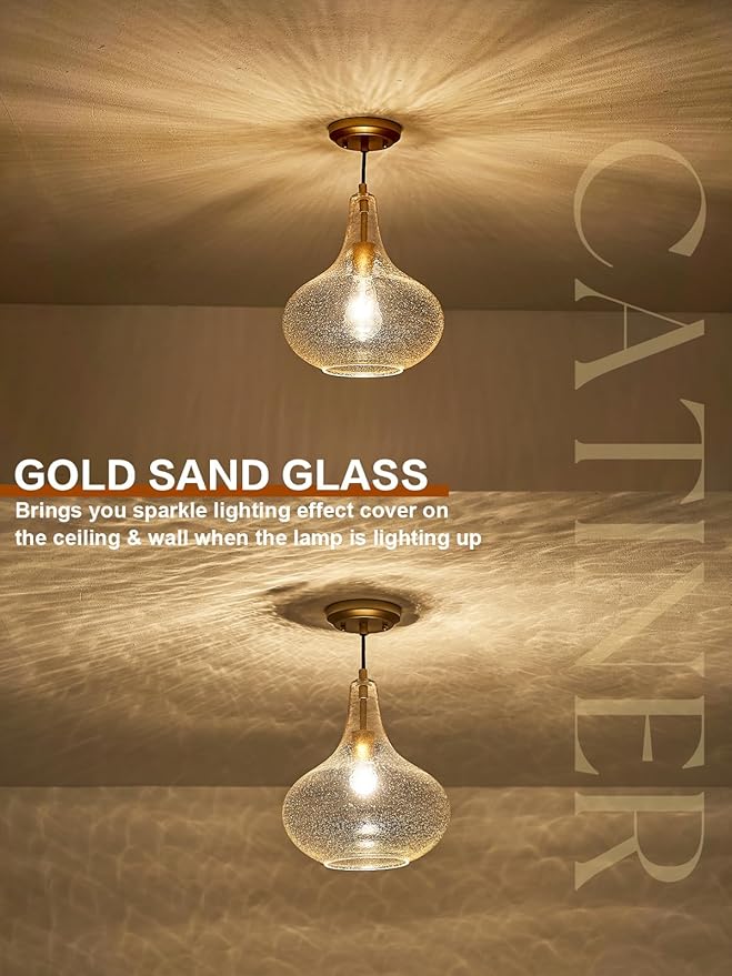 CATINER Handcrafted 11-Inch Mid-Century Modern Brass Gold Pendant Light with Seeded Glass Shade - Elegant Dining Room Pendant Light