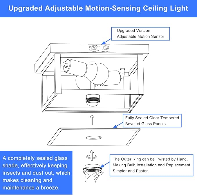 (2026 Upgrade Adjustable Motion Sensor Outdoor Ceiling Light,8.5IN Fully Sealed Fixture with Clear Beveled Glass,Waterproof, Dustproof & Insect-Proof,Suit to Porch,Patio,Garage,Hallway