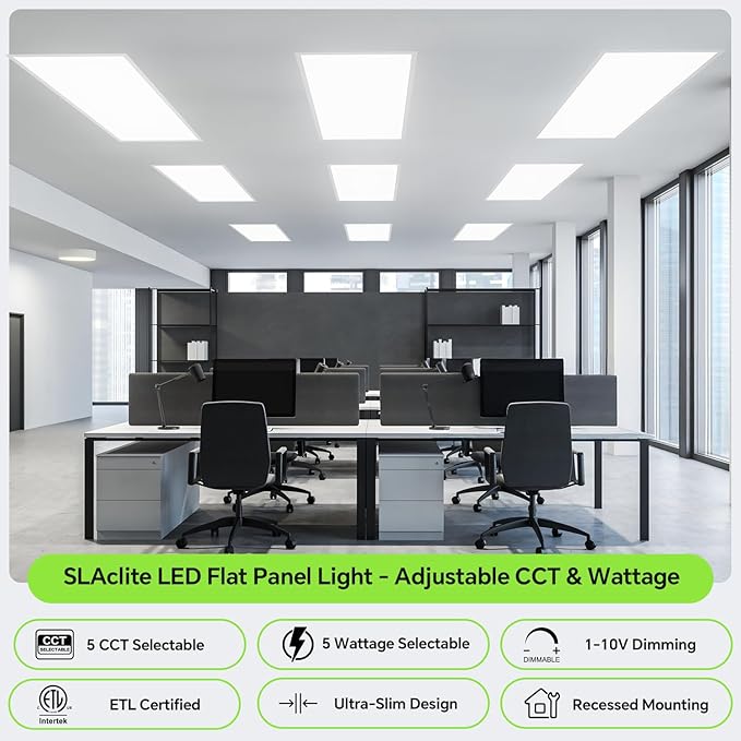 6 Pack 2x4 LED Flat Panel Light 50/40/35/30/25W 6500lm Adjustable, 0-10V Dimmable LED Flush Mount Ceiling Light Fixtures, 2.7K/3K/3.5K/4K/5K Selectable for Office Kitchen Garage - ETL Listed