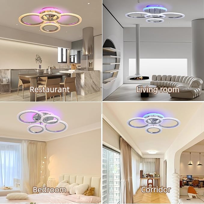 Modern Ceiling Light,50W Flush Mount Ceiling Lights,Dimmable lampara de techo para sala,4 Rings Lighting Fixture Ceiling Lamps for Living Room, Bedroom,Kitchen,Laundry Room,3000-6000K,Chrome