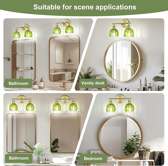 Vintage Bathroom Light Fixtures,2-Light Hardwired Vanity Lights with Green Tulip Glass Shade,Gold Bathroom Vanity Light for Mirror Restroom,E26 Socket,14.57 in(Bulbs Not Included)