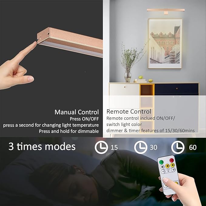 MIOBLUE Rechargeable Picture Lights with Remote, 16" Battery Operated Painting Light Display Lamp with 3 Lighting Modes, Dimmable Dartboard Light with Timer for Frame Portrait Art, Metal Body
