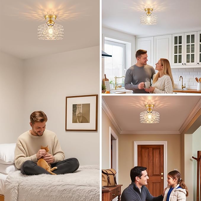 Small Semi Flush Mount Ceiling Light Fixture, Vintage Gold Close to Ceiling Lighting with Hammered Glass Shade for Hallway, Kitchen, Entryway (Retro Design, Easy Install)
