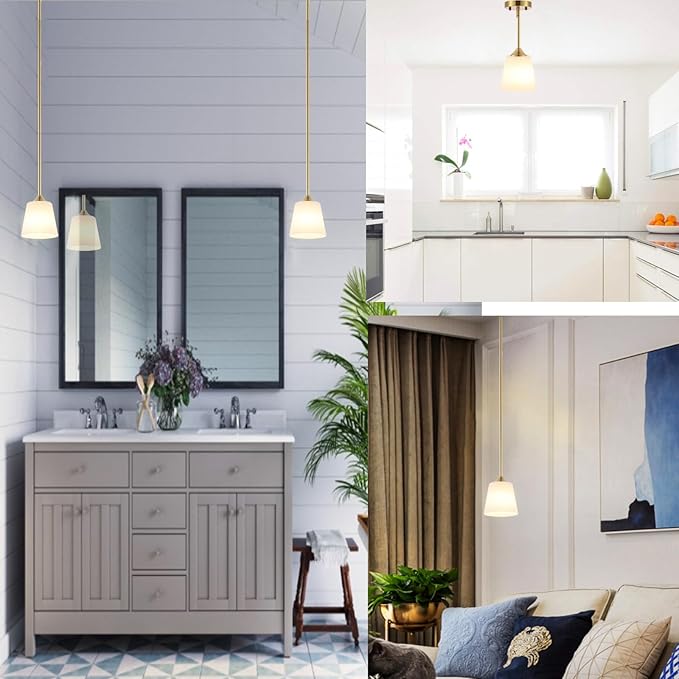 BYOLIIMA Modern Gold Pendant Light 3 Pack Brushed Brass Mid Century Chandelier White Cylinder Glass Shades Adjustable Rods Farmhouse Ceiling Hanging Lighting Fixture Kitchen Island Dining Room Bedroom
