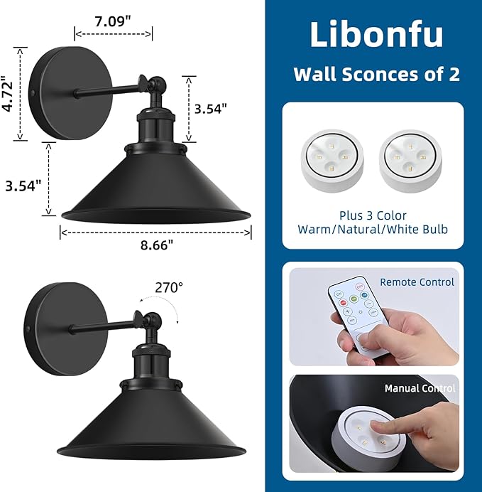 Battery Operated Wall Sconce Set of 2,Vintage Sconces Wall Decor Set of 2 with Remote,Dimmable Wall Lights for Living Room,Wall Lamp Fixture Indoor Bedroom Farmhouse Gallery Kitchen,Black