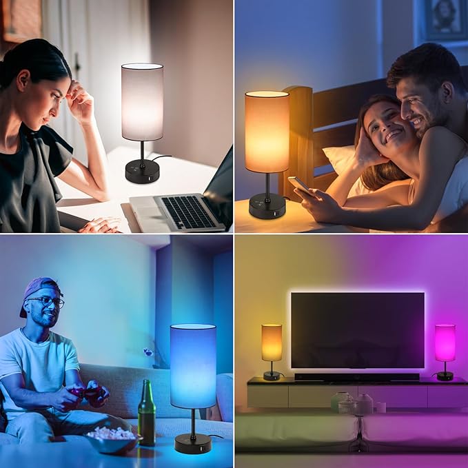 Unicozin Table Lamp for Bedroom, 3 Color Temperatures, 7 RGB Colors, Adjustable Brightness, Dual USB Charging Ports, Ambience Nightstand Light with Pink Shade, Desk Lamp for Kids Reading Home Office