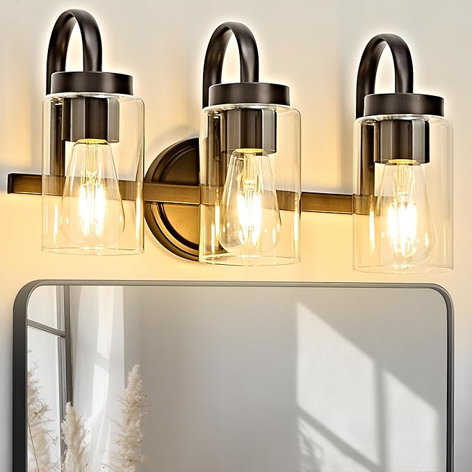 3 Light Bathroom Vanity Light, Black Coffee Vanity Lights for Bathroom, Modern Light Fixtures Over Mirror with Clear Glass Shade, Wall Sconce Lighting for Bedroom Living Room Hallway