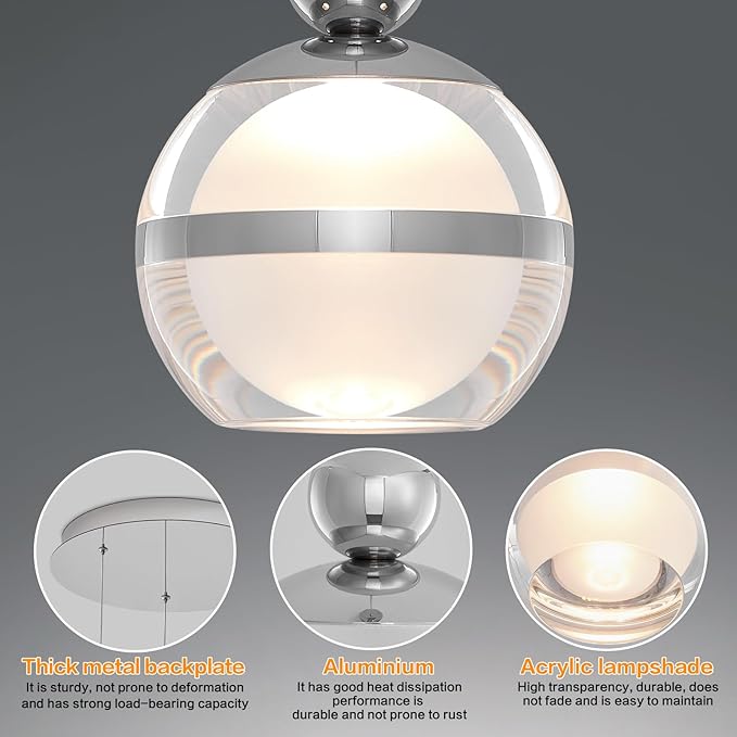 Cluster Acrylic Pendant Lighting, 3 Light Chrome Globe LED Hanging Pendant Light Fixtures with Dimmable, Modern Pendant Lights Kitchen Island for Dining Room Living Room Bedroom Stairs