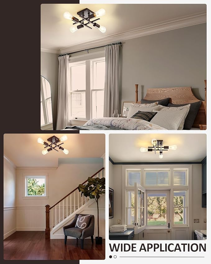Industrial 4-Light Semi Flush Mount Ceiling Light Fixture, Modern Oil Rubbed Bronze Chandelier Lighting, Farmhouse Sputnik Ceiling Lamp with E26 Bulb Base for Living Room Hallway Entryway