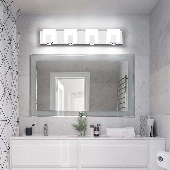 SOLFART Bathroom Light Fixtures Over Mirror Chrome Dimmable LED Vanity Lights 4 Lights Stainless Steel Acrylic Shade