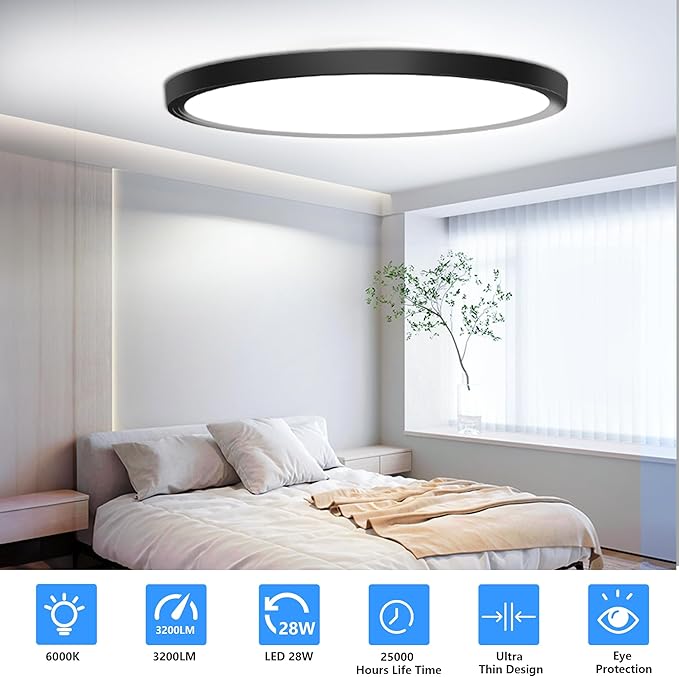 Flush Mount Ceiling Light Fixtures,12inch Flat led Light for Ceiling,6500K 3200LM Ultra Thin Round Black Lamp for Bedroom Kitchen,Bathroom,Garage,Living Room, Dining Room - 4PCS