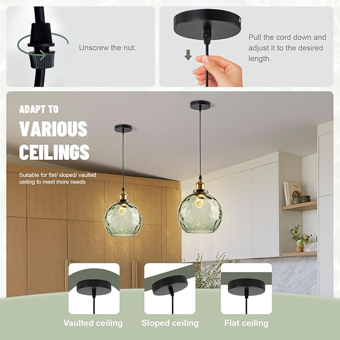 Modern Green Pendant Light, Hammered Glass Pendant Light Fixture Mid Century Globe Pendant Lights Vintage 1-Light Gold Hanging Pendant Lighting for Kitchen Island Dining Room Bedroom Bathroom