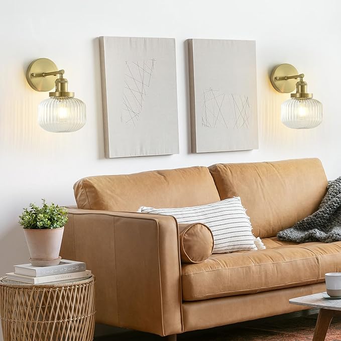 Vintage Wall Sconces with Clear Pumpkin Glass Lampshade, Indoor Bathroom Wall Sconce, Modern Gold Industrial Lighting Fixture for Mirror Living Room Hallway 1 Pack