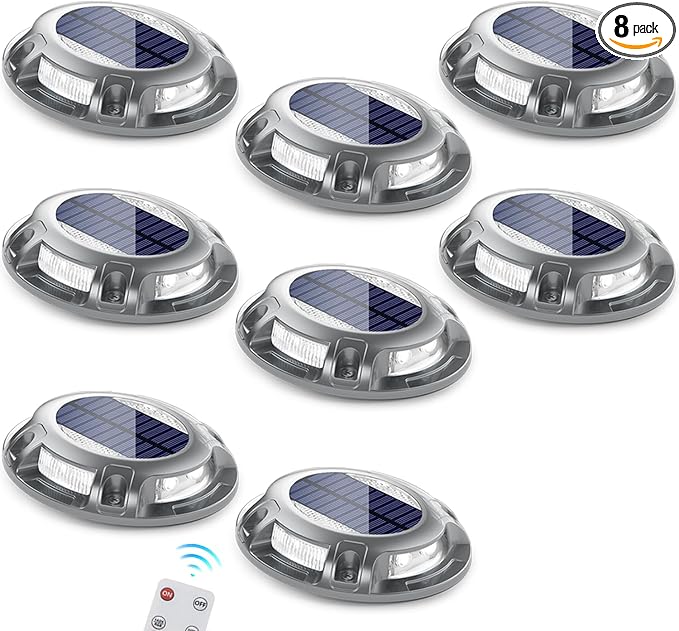 SIEDiNLAR Solar Driveway Light with Remote, 11 RGB Modes, Waterproof Outdoor Safety Light for Driveway Marker Deck Dock Walkway Pathway Step Yard Garden (8 Pack)