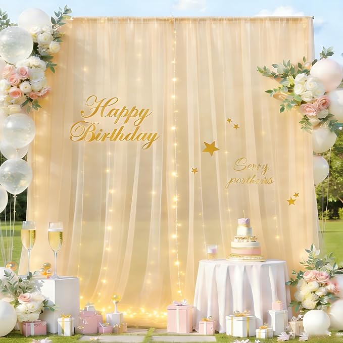 Champagne Tulle Backdrop Curtain with Lights, Elegant Sheer Photo Backdrop Drapes, Soft Fabric Curtain for Weddings Brithday Baby Shower Parties Photography Background Decor, 10ftx8ft
