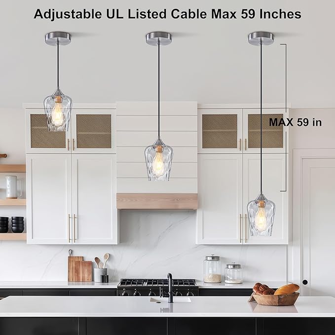 1 Pack 5.1" Small Brushed Nickel Pendant Lights Kitchen Island Lighting with Hammered Glass Shade, Mini Modern Kitchen Pendant Light, Hammered Glass Pendant Light Fixtures for Dining Room Sink