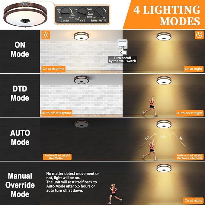 24W LED Motion Sensor Outdoor Ceiling Light, 12IN 2700K/3000K/3500K/4000K/5000K Brown Adjustable Ceiling Lights, Dusk to Dawn Flush Mount LED Ceiling Light Fixture for Porch, Garage