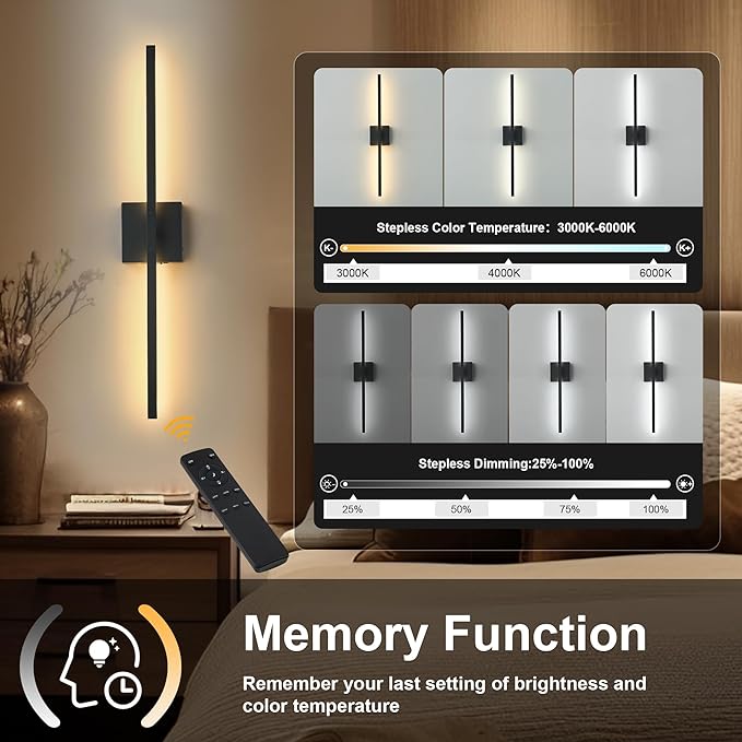 KARTOOSH 28.3 Inch Battery Operated Wireless Wall Sconce, 360° Rotatable Detachable Modern Wall Lamp with Remote Control Stepless Dimmable 3000K-6000K LED Light for Bedroom, Living Room Gallery Black