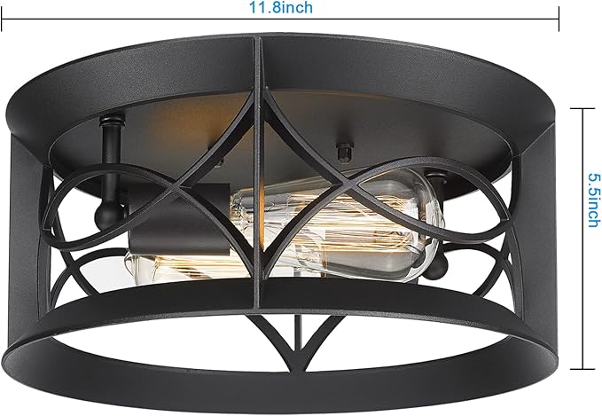 Darkaway Ceiling Light Fixtures Vintage Industrial Matte Black, Farmhouse Flush Mount Ceiling Light for Outdoor Porch Hallway Kitchen Dining Room Bedroom 2-Light E26