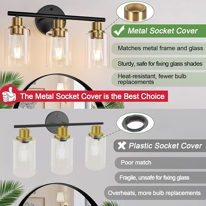 Zarbitta 3-Light Bathroom Light Fixtures, Black and Gold Bathroom Wall Lights, Modern Vanity Light with Clear Glass Shade, Bathroom Wall Lamp for Mirror Kitchen Bedroom Hallway Cabinet