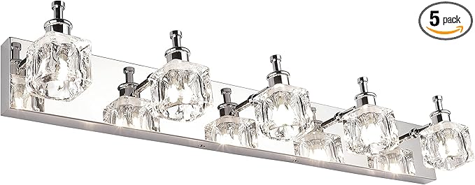 PRESDE Crystal Bathroom Vanity Light Fixtures 5 Light Bathroom Light Fixtures Over Mirror Modern LED Chrome Bath Lighting