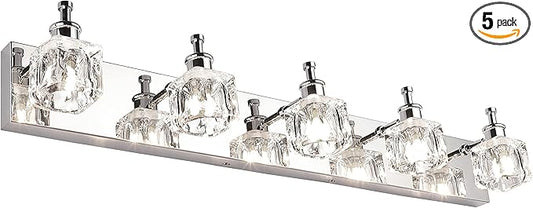 PRESDE Crystal Bathroom Vanity Light Fixtures 5 Light Bathroom Light Fixtures Over Mirror Modern LED Chrome Bath Lighting