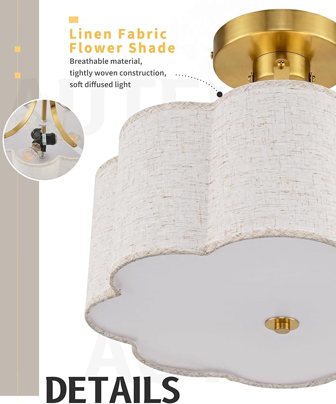 AUTELO 12.6 Inch Semi Flush Mount Ceiling Light,3-Light Brushed Gold Modern Ceiling Light with Flower-Shaped White Fabric, Kitchen Ceiling Light for Bedroom Hallway, C2507 BGS-8
